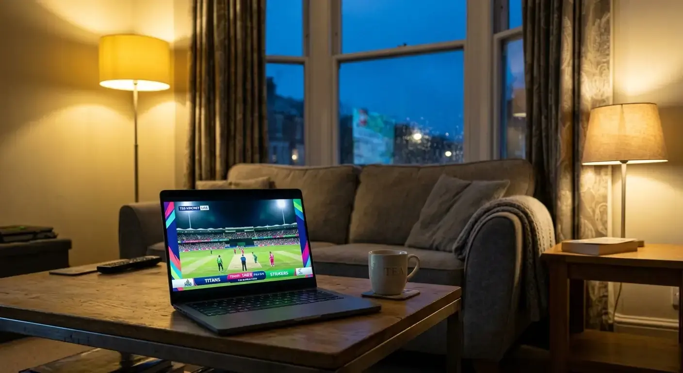 UK living room with a Women's Premier League T20 match streamed on a laptop in the evening